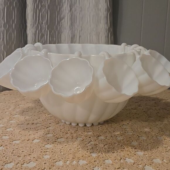 Vintage Hazel Atlas Milk Glass Alpine White Swirl Punch Bowl Set 11 Peace - Picture 1 of 8
